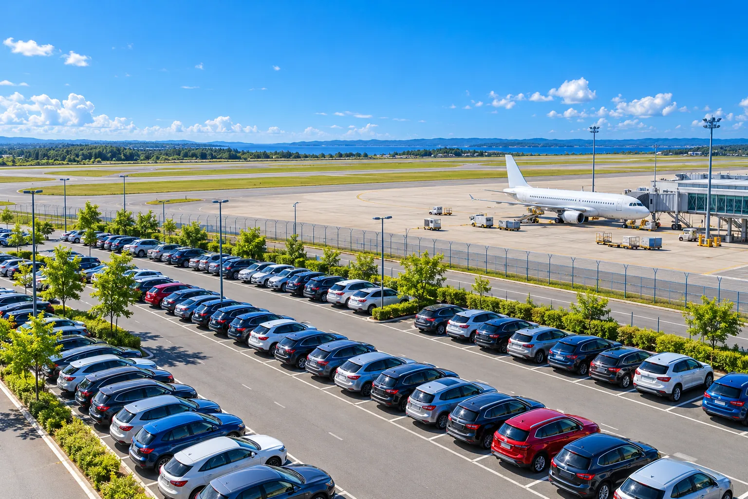 Rows of parked cars in an airport car park beside the runway