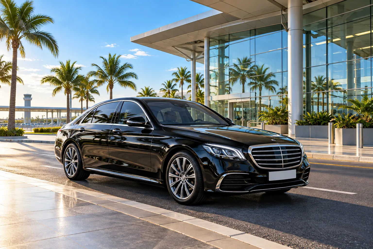 A black private transfer car waiting at a palm-lined airport terminal