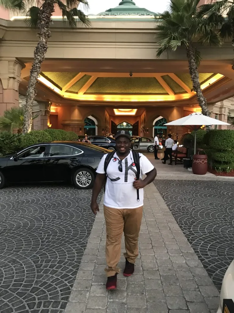 Asong, the traveller behind Asong's Escape, at the entrance of Atlantis The Palm in Dubai