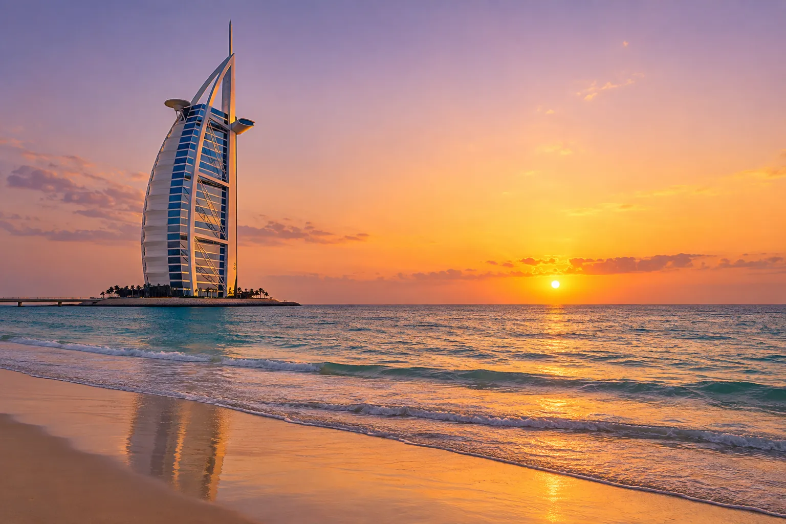The Burj Al Arab across a calm Dubai beach at golden sunset