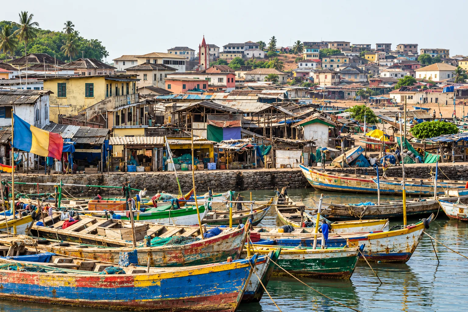 Painted wooden fishing canoes in a Ghanaian harbour below a hillside town