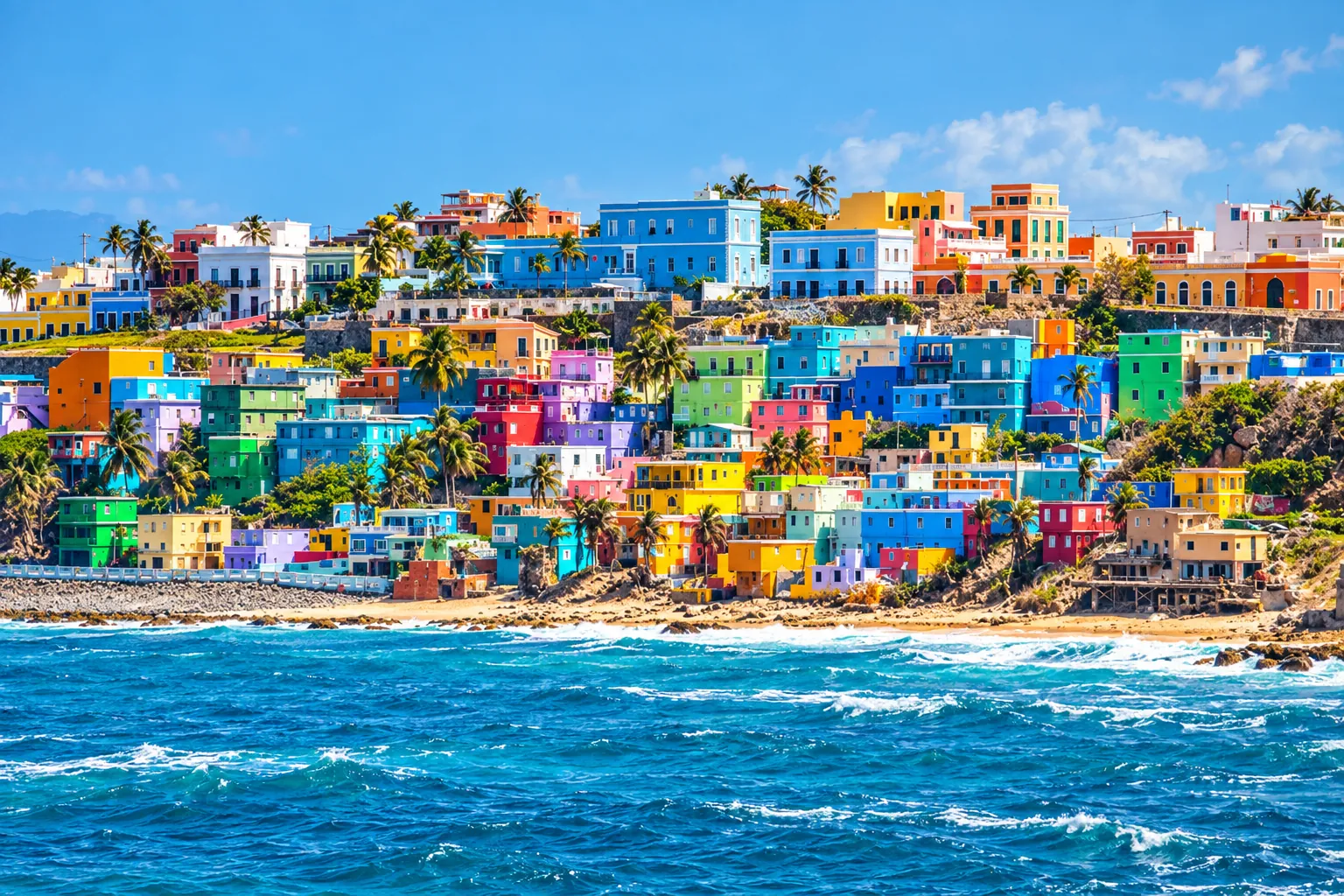 Colourful painted houses stacked above the Caribbean shore in Puerto Rico