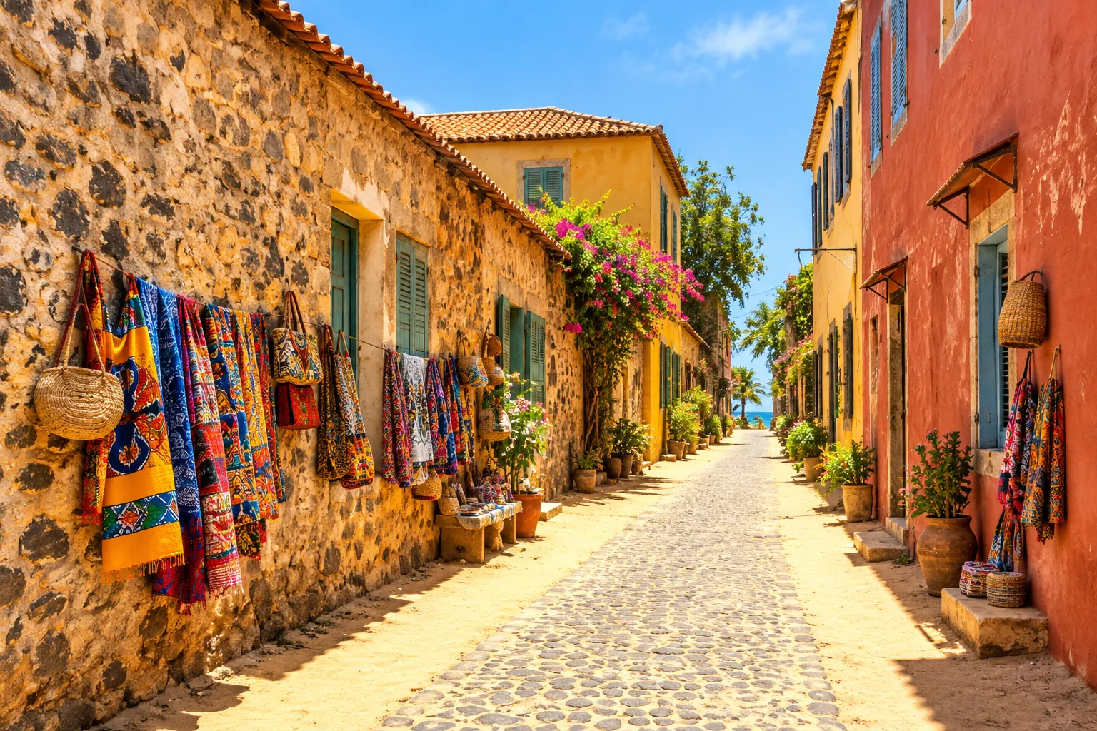 A sunlit Goree Island street in Senegal hung with woven textiles