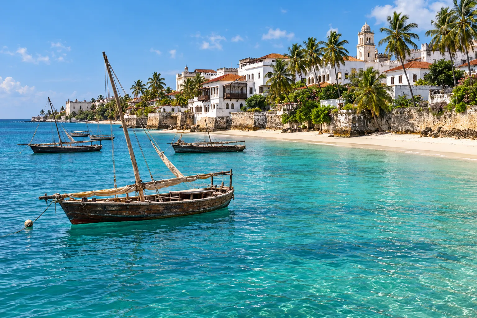 Dhow sailboats off the white-walled Zanzibar coast of Tanzania