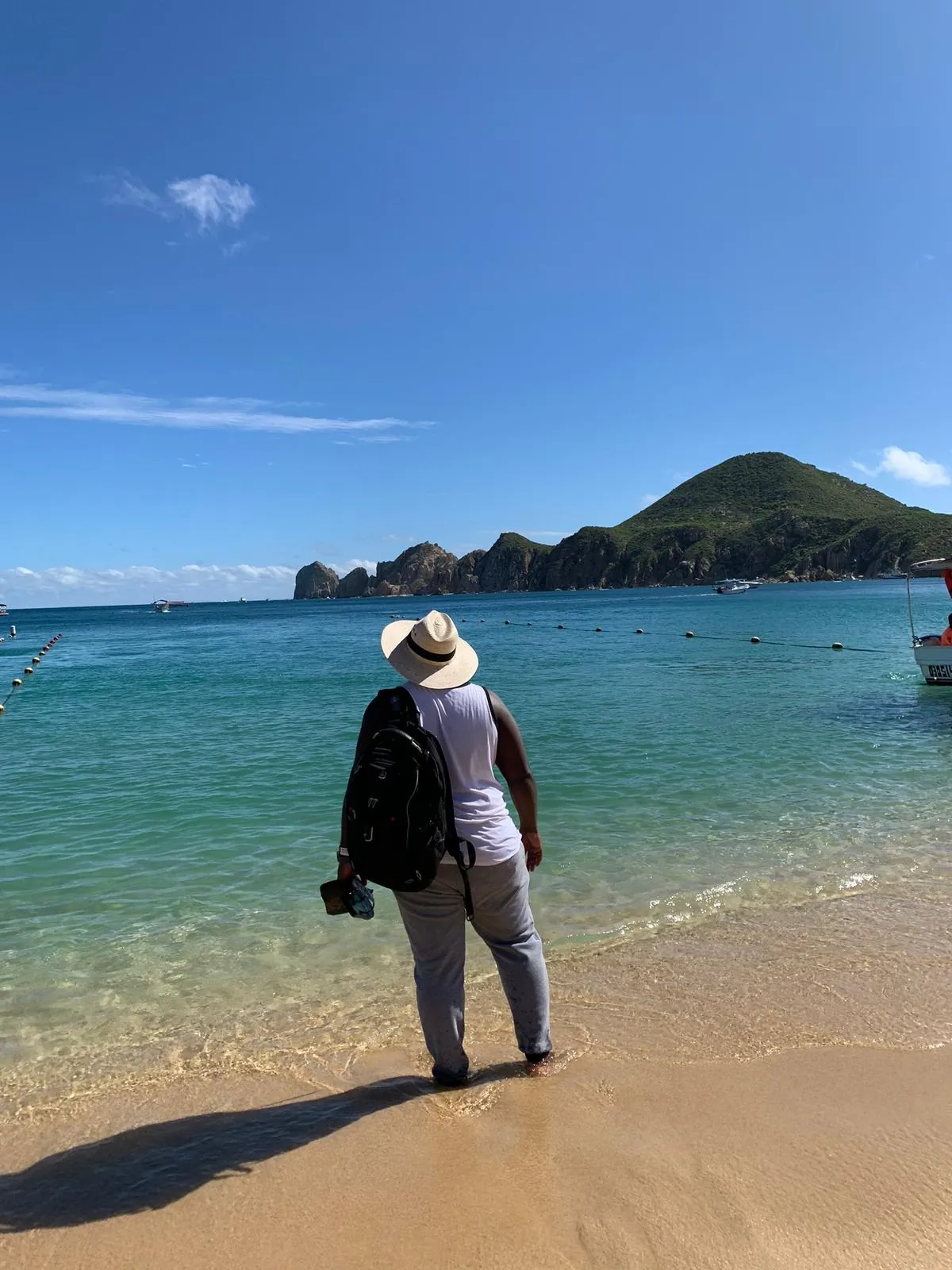Asong at the water's edge on a Cabo beach facing the headland