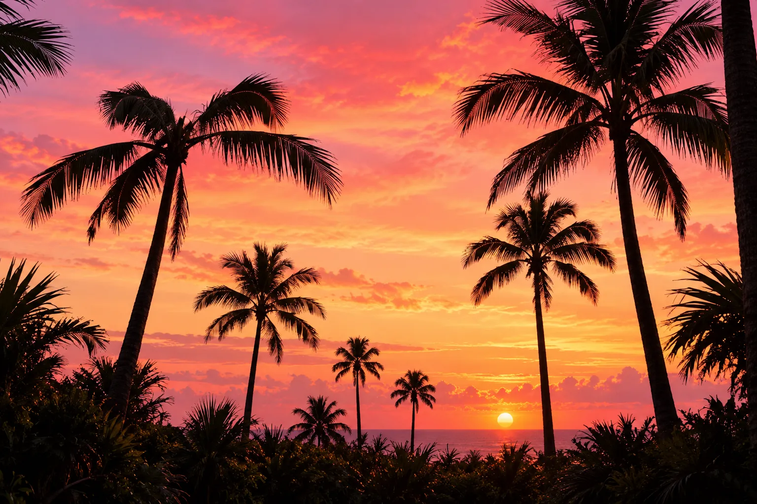 Palm silhouettes against a coral and amber tropical sunset
