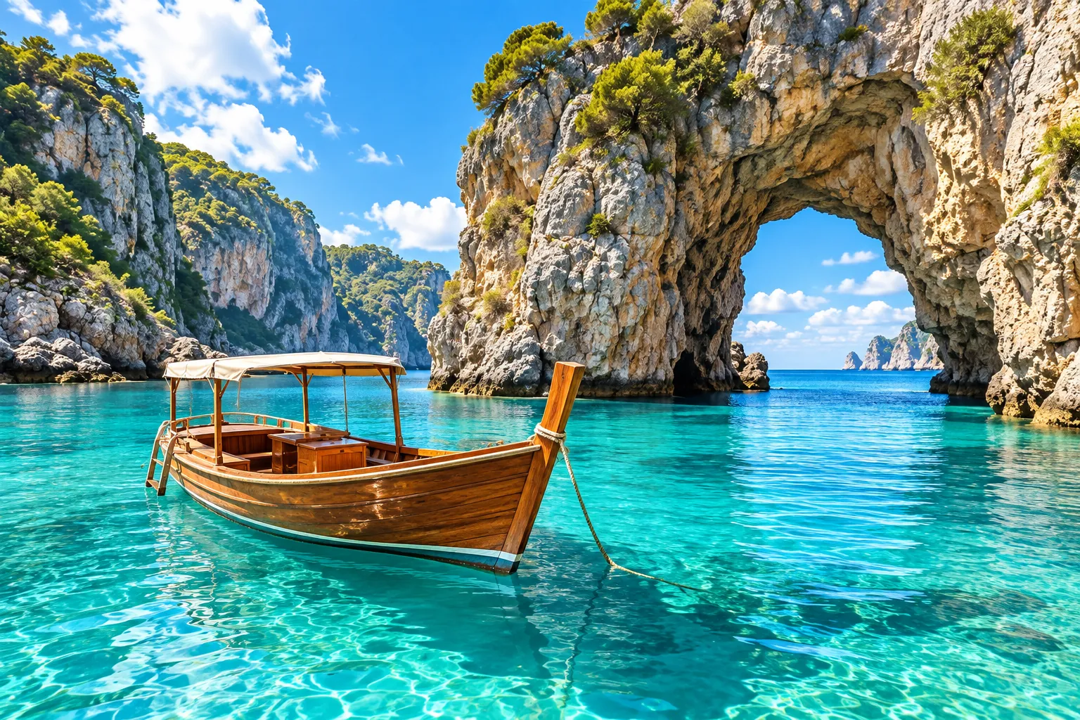 A wooden tour boat in a turquoise bay beside a limestone sea arch