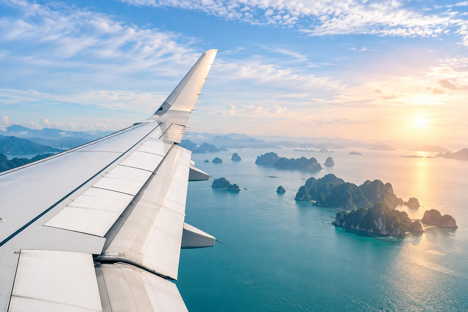 An airliner wing above islands in a hazy sea at golden hour