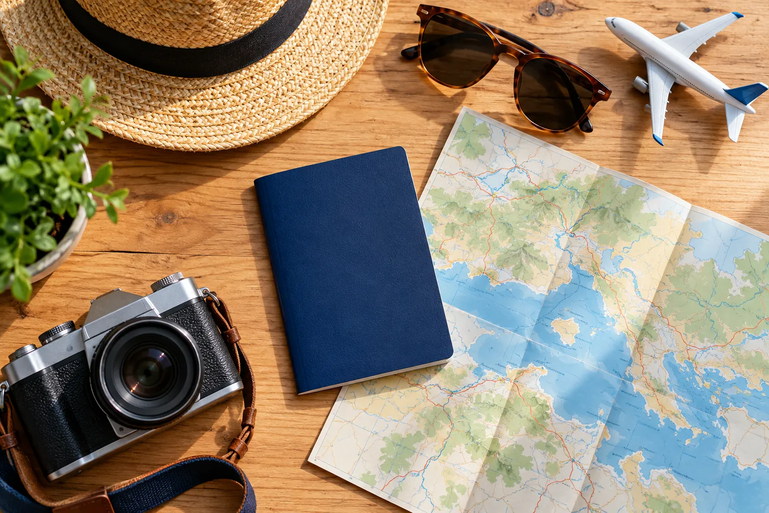 A passport, map, camera, sunglasses and straw hat laid out for a trip